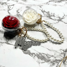 Load image into Gallery viewer, Real White Preserved Rose with Personalised Keychain (Pearl Strap)