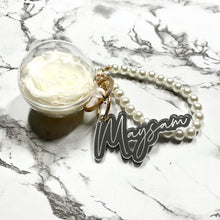 Load image into Gallery viewer, Real White Preserved Rose with Personalised Keychain (Pearl Strap)