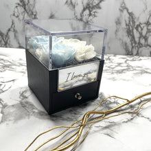 Load image into Gallery viewer, Baby Blue & White Eternal Rose Box with custom engraved plaque