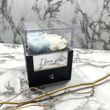 Load image into Gallery viewer, Baby Blue & White Eternal Rose Box with custom engraved plaque