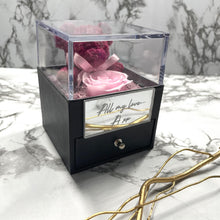 Load image into Gallery viewer, Teddy & Baby Pink Eternal Rose Box with custom engraved plaque