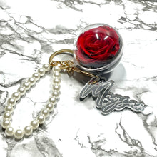 Load image into Gallery viewer, Real Red Preserved Rose with Personalised Keychain (Pearl Strap)