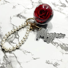 Load image into Gallery viewer, Real Red Preserved Rose with Personalised Keychain (Pearl Strap)