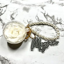 Load image into Gallery viewer, Real White Preserved Rose with Personalised Keychain (Pearl Strap)