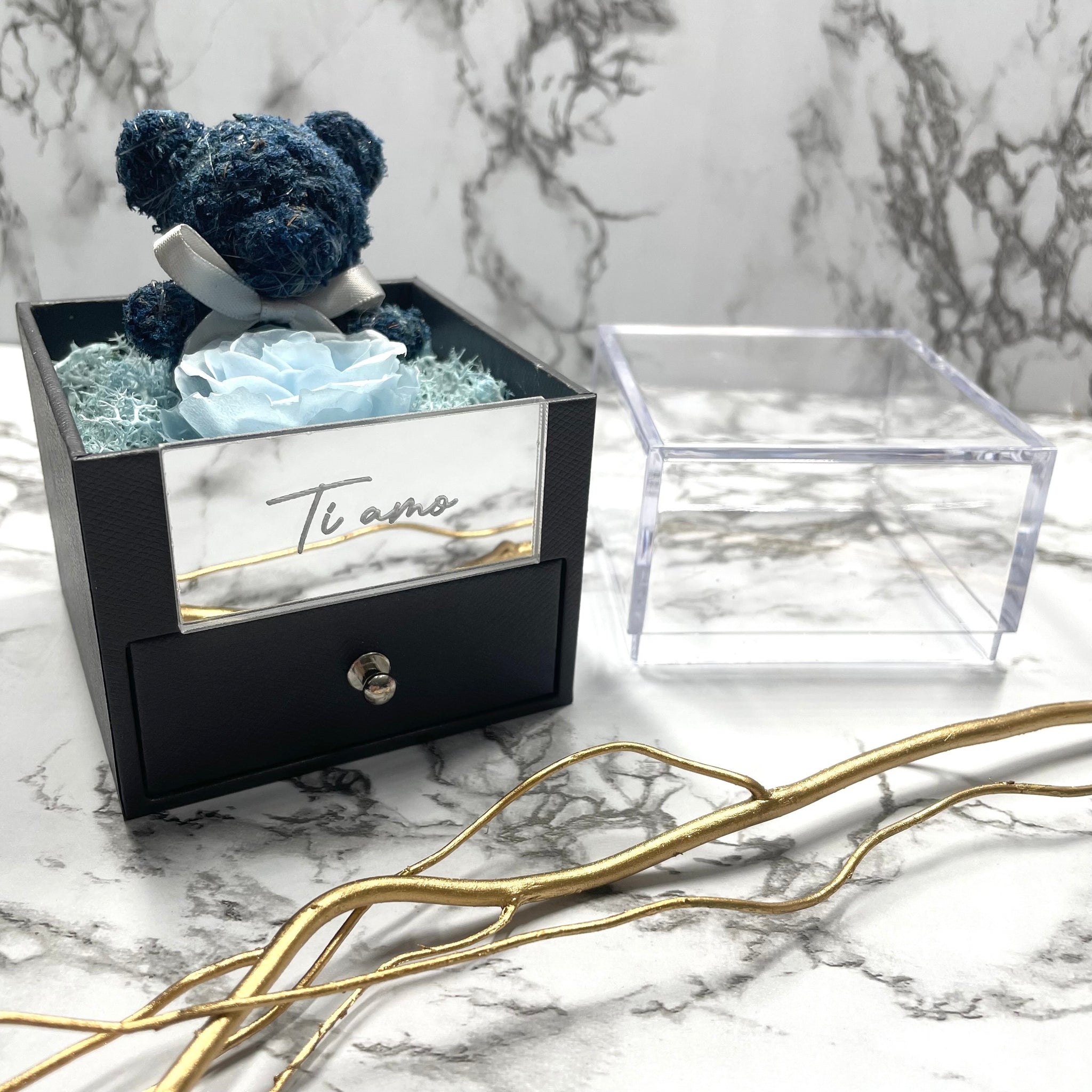 Teddy & Baby Blue Eternal Rose Box with custom engraved plaque Laser cut by Jarcoz Teddy & Baby Blue Eternal Rose Box with custom engraved plaque Laser cut by Jarcoz
