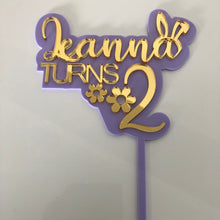 Load image into Gallery viewer, Bunny Ears &amp; Flowers Name and Age Cake Topper
